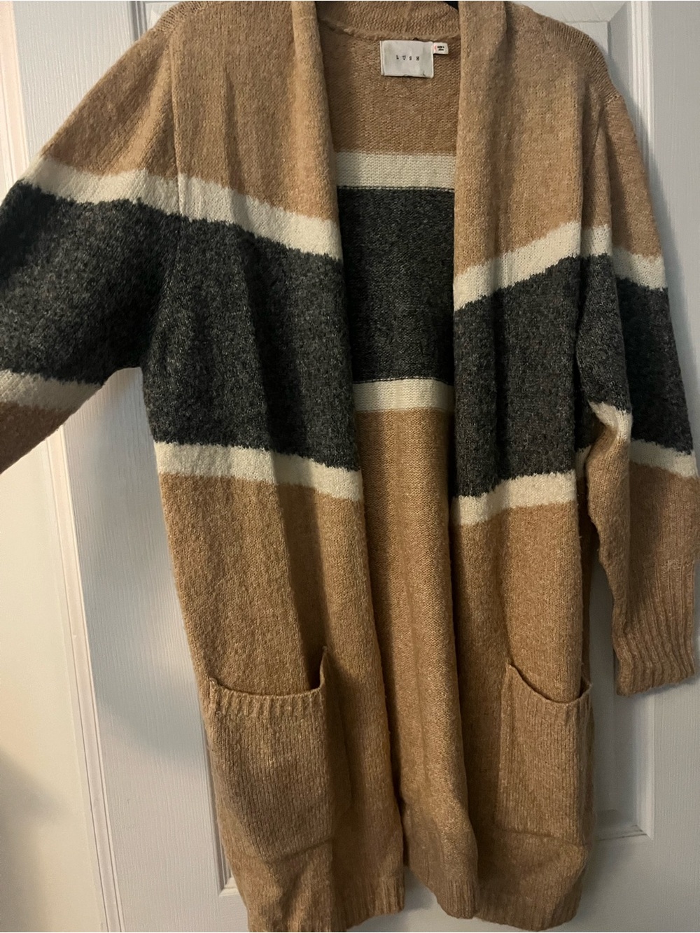 Lush Women’s Rosy Tan, Cream & Charcoal Striped Open Cardigan